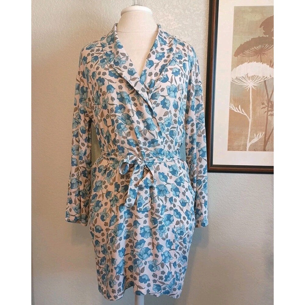 For Love & Lemons Size XS Resort Robe Swim Cover-up Wrap Dress Floral Blue Tan